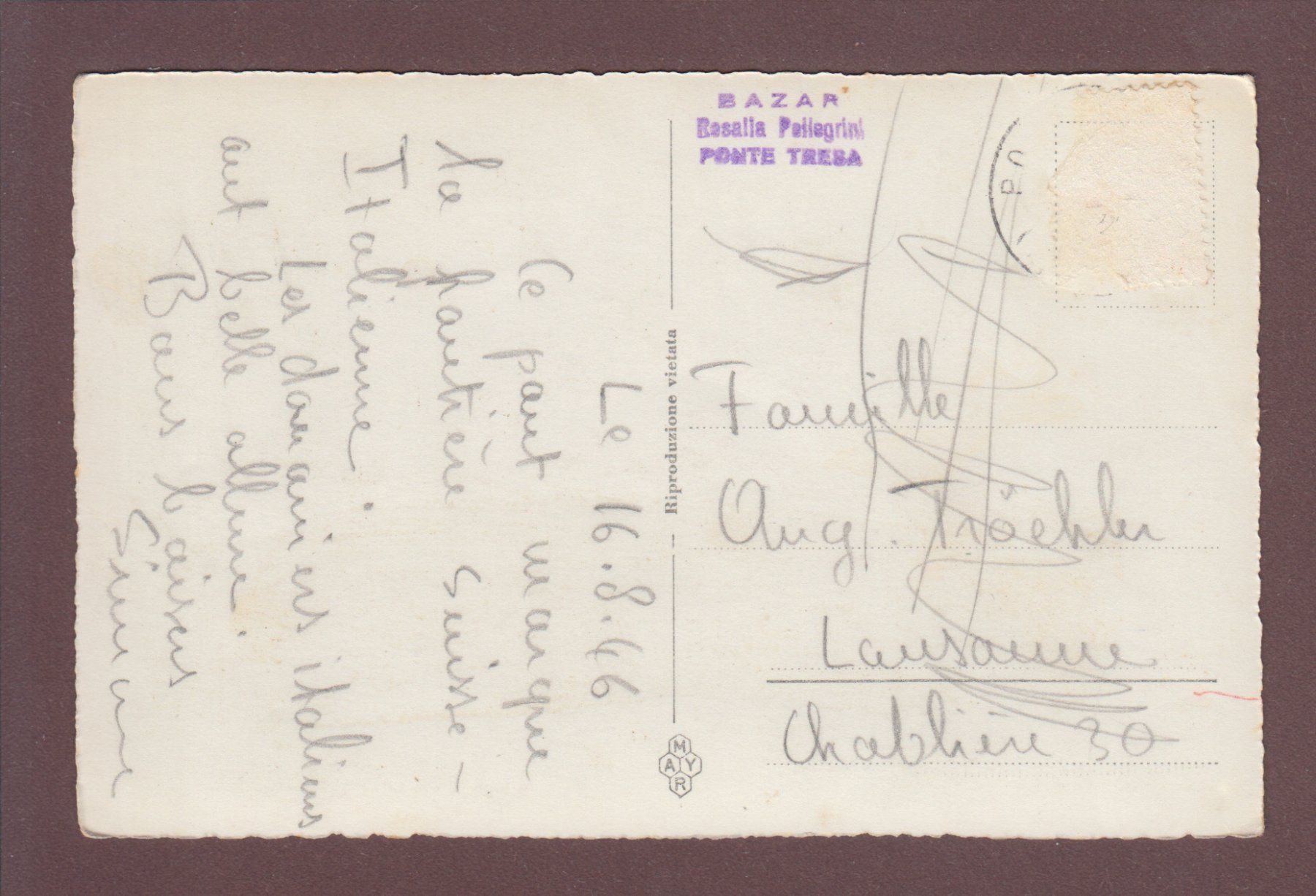 Cartoline postali: PONTE-TRESA - 1946 – Usato da Pully venduto da nicecards 1