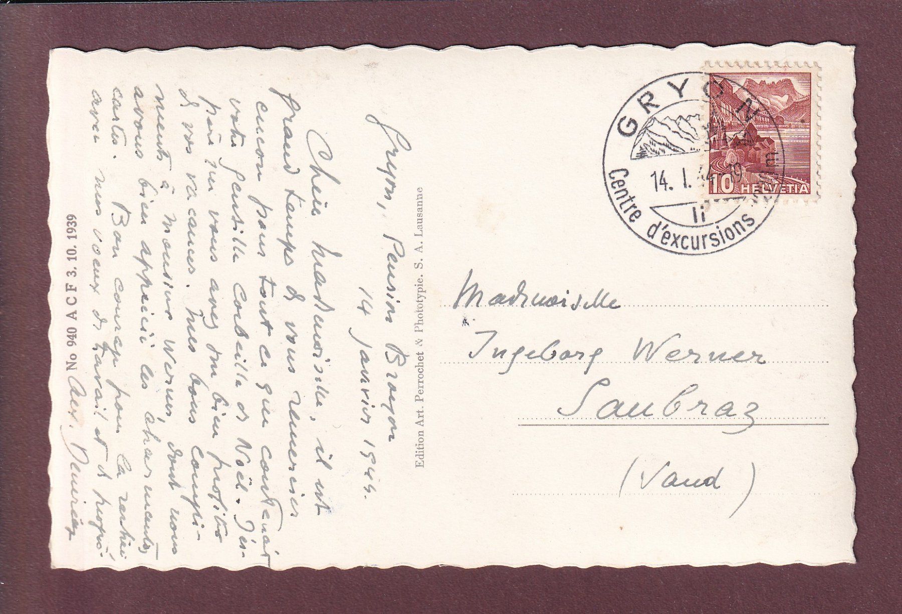 Ansichtskarten: BRETAYE - Dents du Midi - 1944 – Gebraucht aus Pully von nicecards 1