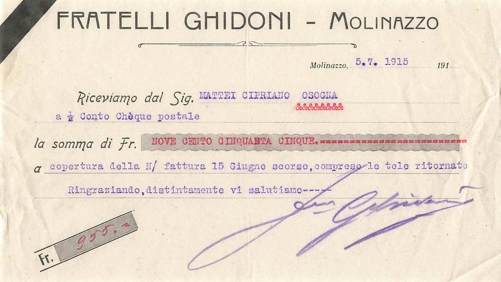 Cartoline postali: Fratelli Ghidoni Molinazzo Kambiale cheques – Usato da Biasca venduto da Blenio71