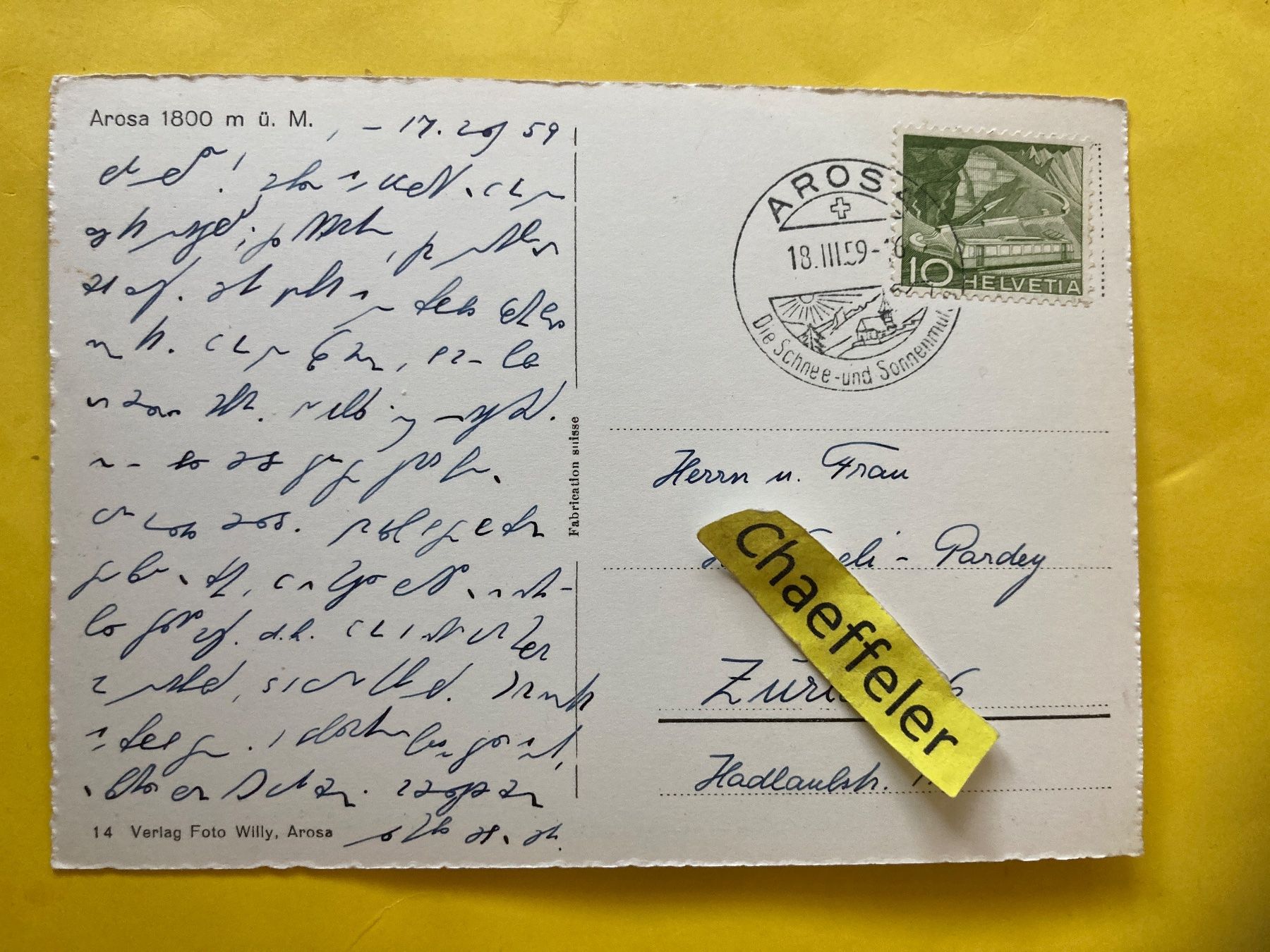 Ansichtskarten: 1959 Arosa – Gebraucht aus Zürich von Chaeffeler 1