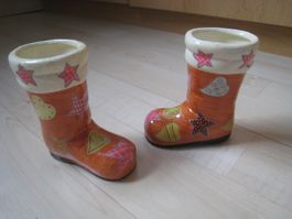 Stk. 2 Stiefelchen Stiefel Keramik  DEKO orange  Weihnachten