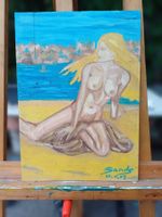 "Nude"  Frauenakt Aktbild Blonde Frau Ölbild auf Holz Sands