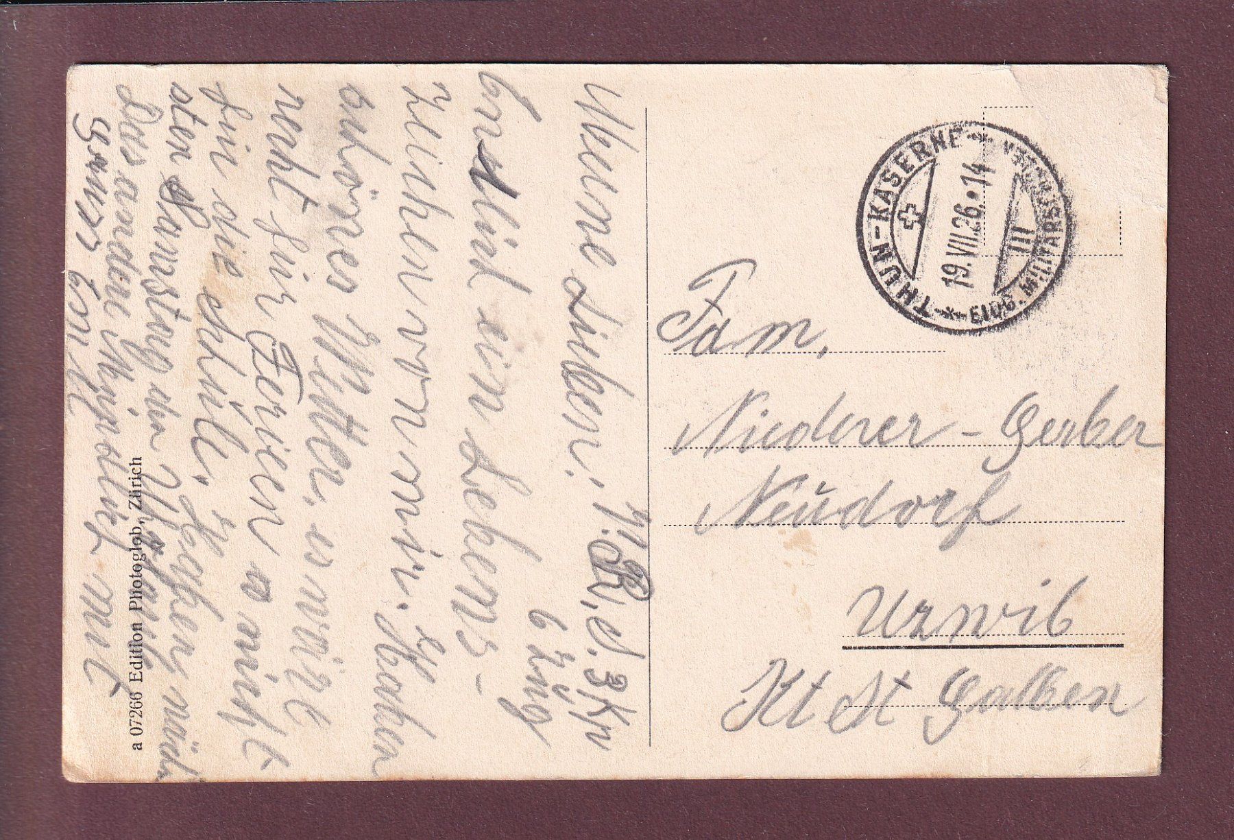 Ansichtskarten: THUN - Die Kasernen - 1926 – Gebraucht aus Pully von nicecards 1