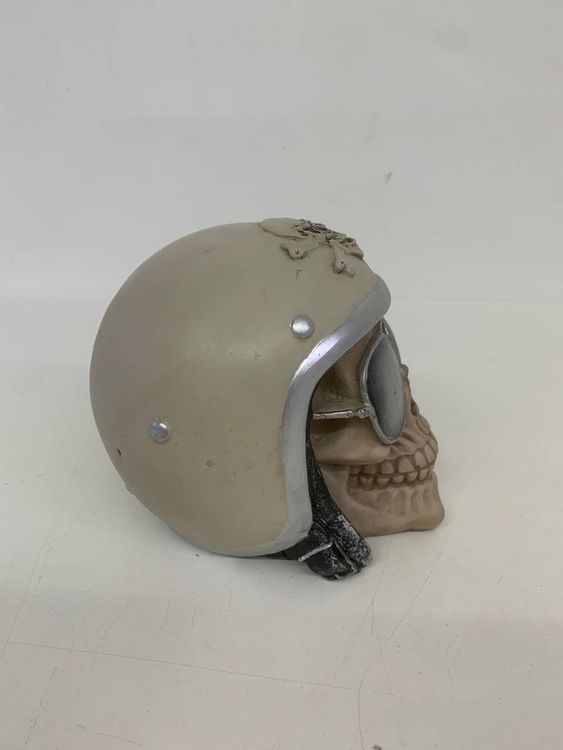 Gothic Totenkopf Mit Motorradhelm - Schwarz-Gold Skulptur 12 Cm Höhe Aus Kunststein
