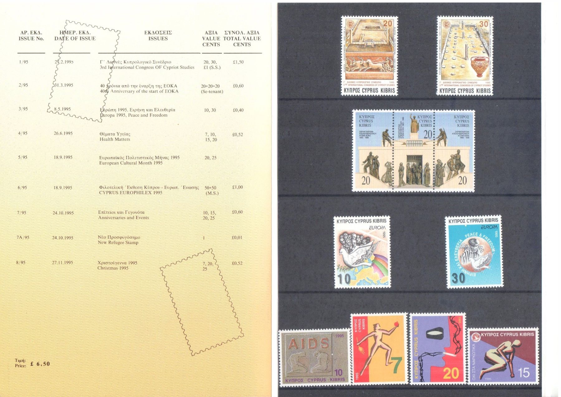 Tutti i francobolli: Zypern - Chypre - Cyprus - 1995 full year - MNH** – Nuovo e nell'imballaggio originale da Chavornay venduto da 4dphila 3