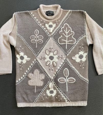 Pull Avant Garde en laine motif floral beige marron taille M