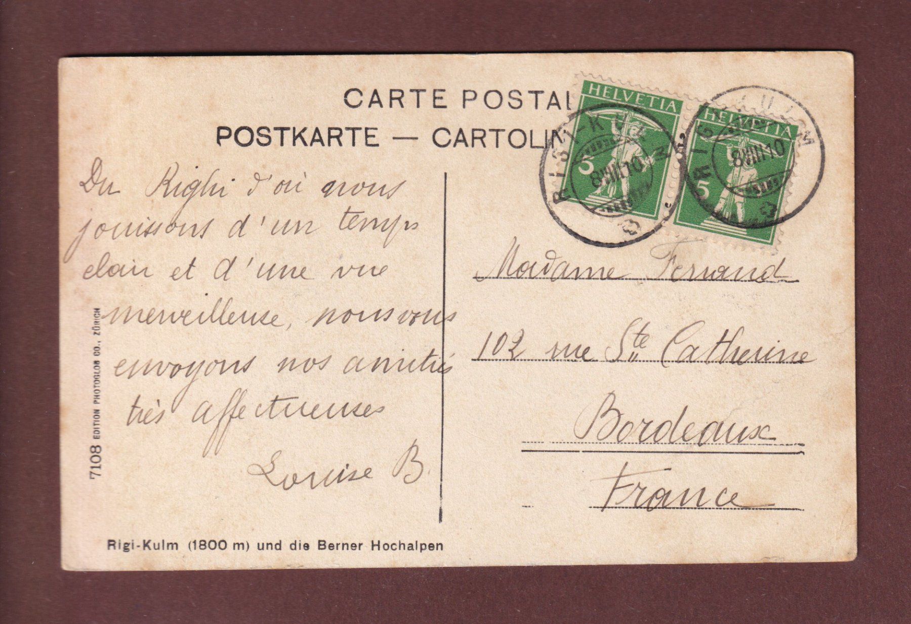 Cartoline postali: RIGI-KULM - Leute - 1910 – Usato da Pully venduto da nicecards-shop 1