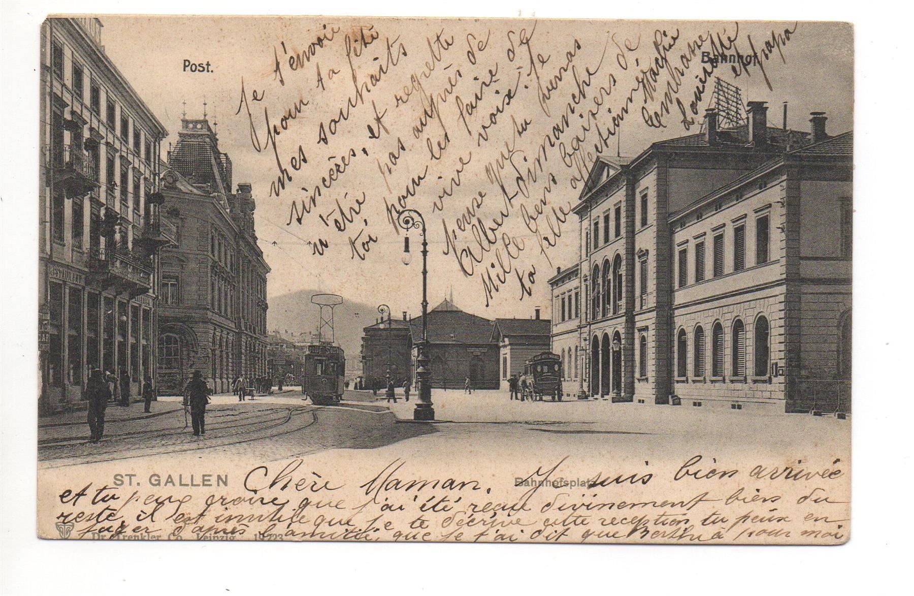 Ansichtskarten: ST. GALLEN Bahnhof, Post, Tram, Kutsche – Gebraucht aus Jona von philajona
