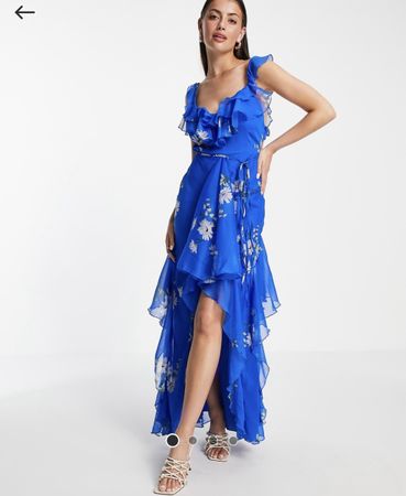 Blue Floral Ruffle Maxi Dress