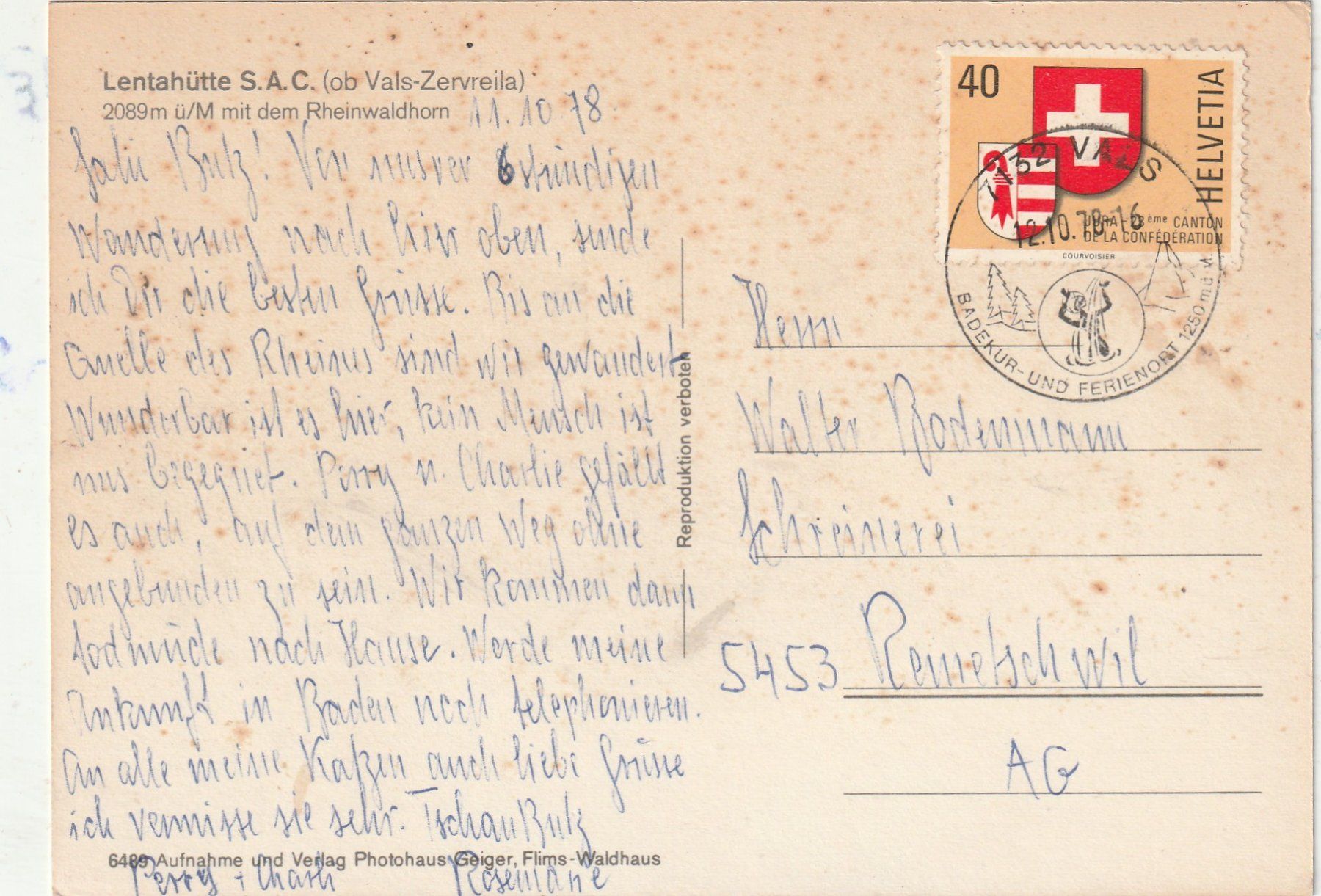 Cartoline postali: SAC Lentahütte Vals  1978 – Usato da Lumbrein venduto da made02 1