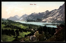 AK Sils, Blick über den Silser See nach den Alpen