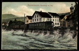 AK Rorschach, Brandung am See mit Eisenbahnwaggons