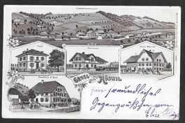Hüswil braune Lithografie 5 Bilder Post Bahnhof Haus Bernet