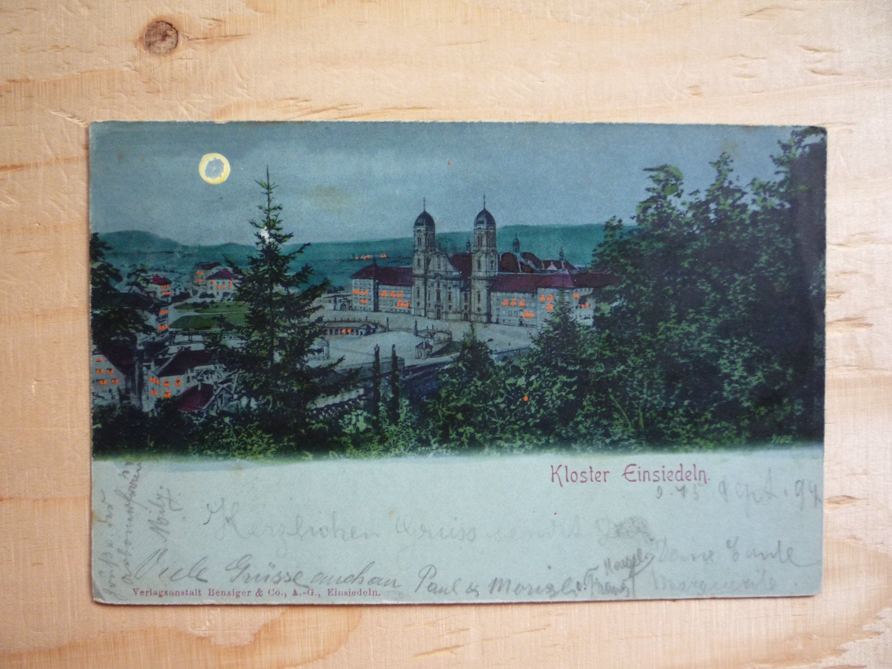 Cartoline postali: Kloster Einsiedeln, Mondschein Litho, 15.IX.99 – Usato da Rieden SG venduto da Brockehuesli
