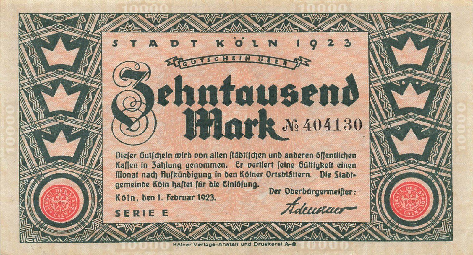Banknoten: Köln 10000 Mark 01.02.1923  VZ+-VZ++ Serie E – Gebraucht aus Steffisburg von ber_8htf