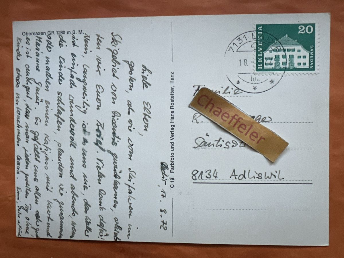 Cartoline postali: 1970 Obersaxen GR – Usato da Zürich venduto da Chaeffeler 1