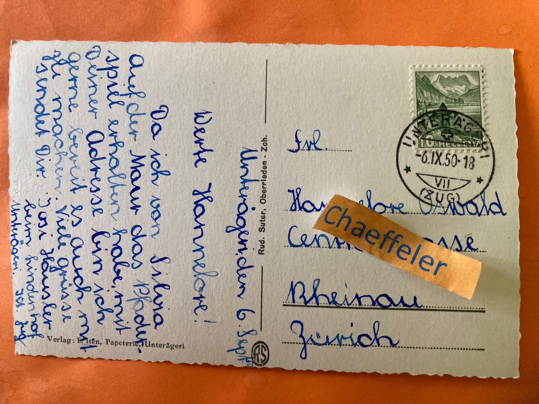 Ansichtskarten: 1950  2863 Unterägeri – Gebraucht aus Zürich von Chaeffeler 1