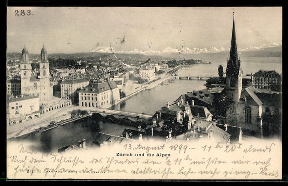 Ansichtskarten: Zürich, Ortsansicht mit Alpenpanorama – Gebraucht aus Berlin von bartko-reher
