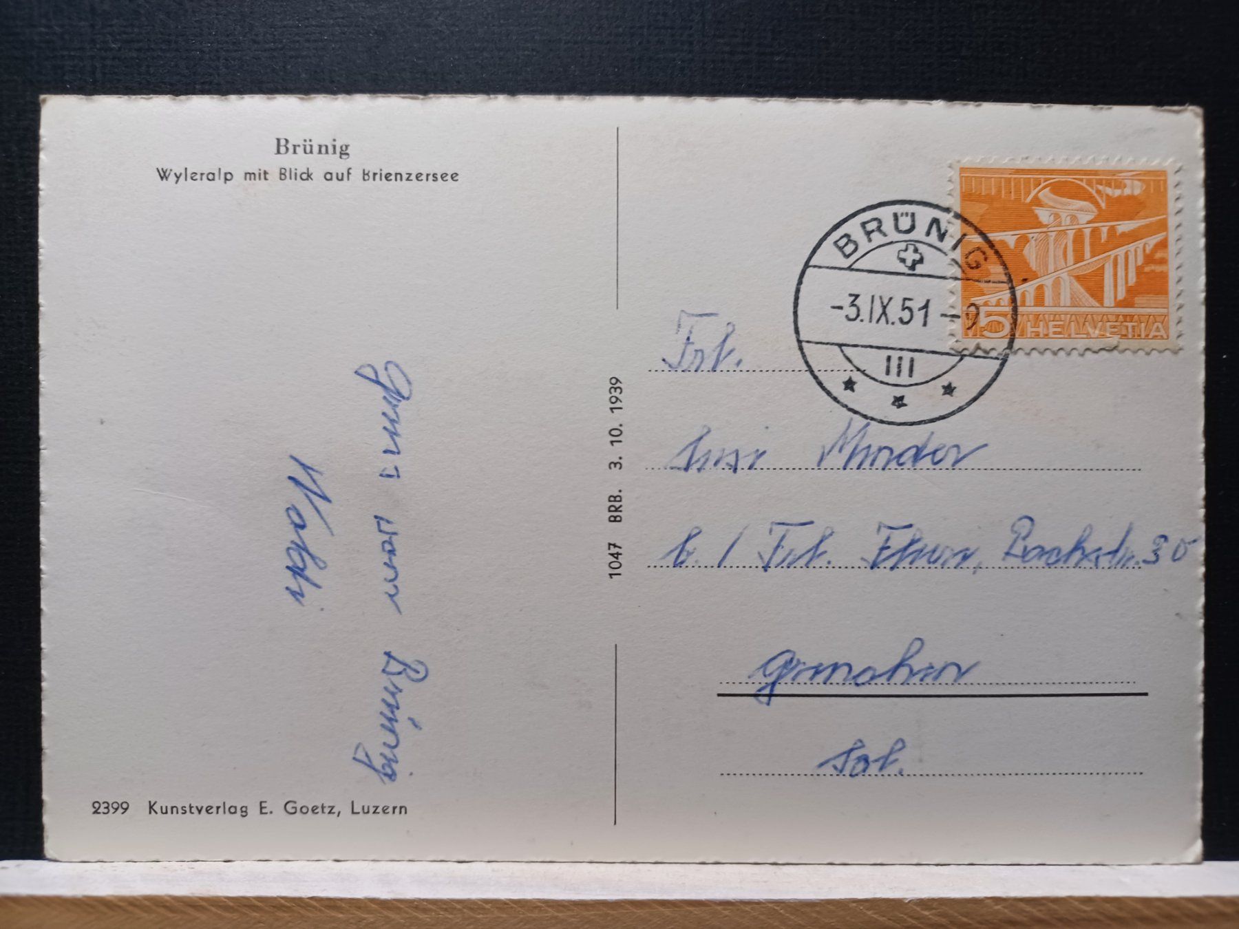 Ansichtskarten: BE, No. 2399, Wyleralp, 3.IX.51 – Gebraucht aus Aarau Rohr von mgvw 3
