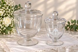 Bonboniere, Glasdosen mit Deckel und Gravur, guter Zustand