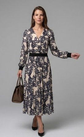 Elegantes Maxikleid – Schwarz/Creme, Ketten Print – Gr. 34