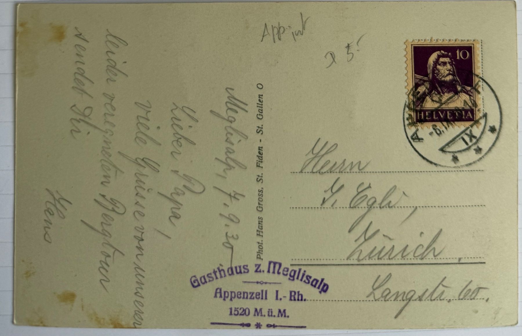 Ansichtskarten: Meglisalp - Gasthaus 1930 – Gebraucht aus Lutry von Ediego 1