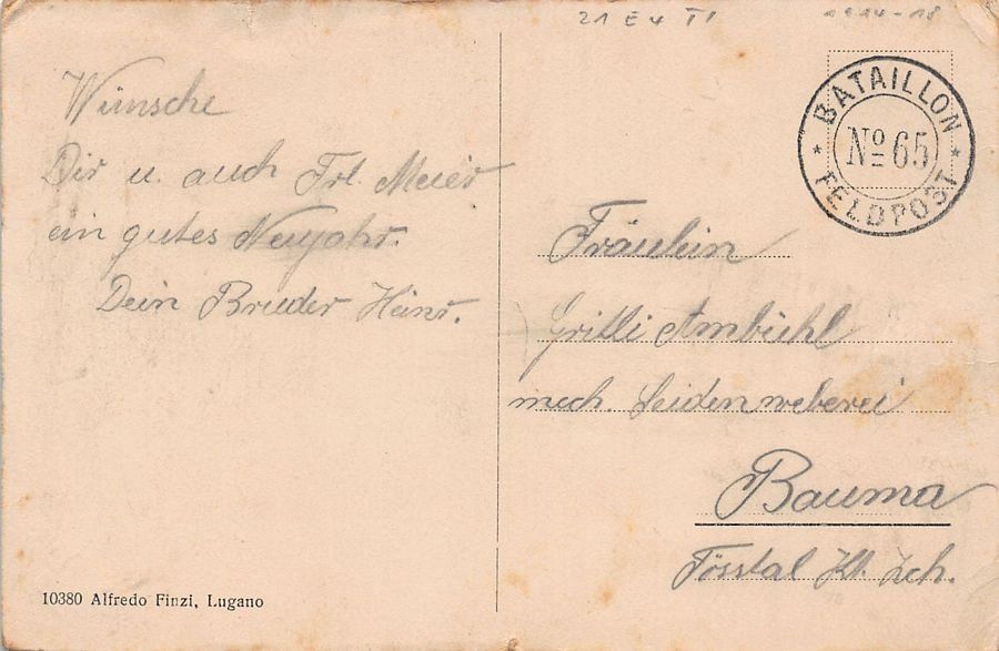 Cartoline postali: Tesserete, Chiesa, Feldpost BATAILLON N° 65 – Usato da Frauenfeld venduto da POML 1
