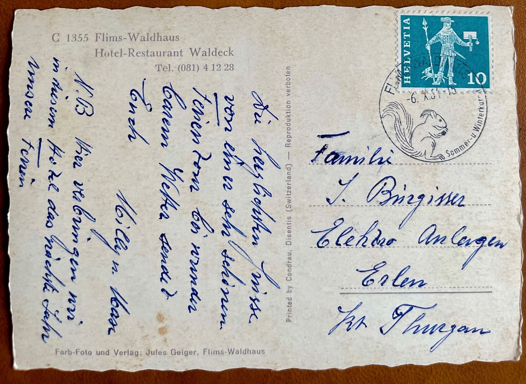 Cartoline postali: FLIMS - WALDHAUS - Hotel restaurant Waldeck -1964 – Usato da Lutry venduto da Ediego 1