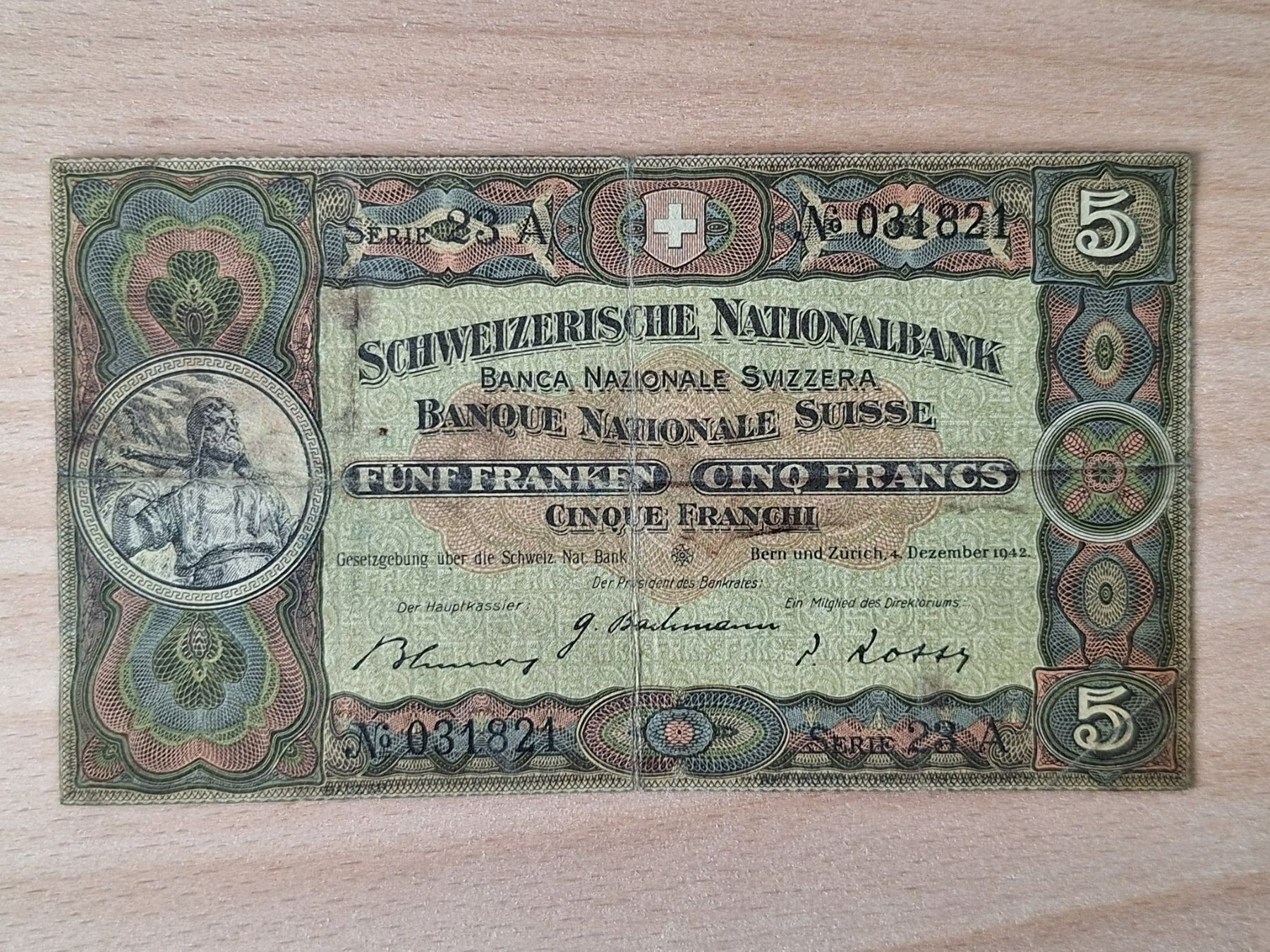Banconote: Schweizer Banknote, 5 Franken, JG 1942 – Usato da Lohn-Ammannsegg venduto da Beo71