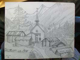Orig. Bleistiftzeichnung Kühmatt • Kapelle - Lötschental