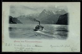 Mondschein-AK Vierwaldstättersee, Dampfschiff vor Bergkuliss