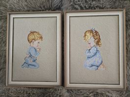 2x Stickbilder Kinder beten, gerahmt