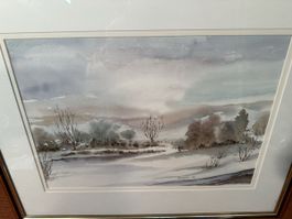 Aquarelle originale encadrée, paysage d'hiver signée