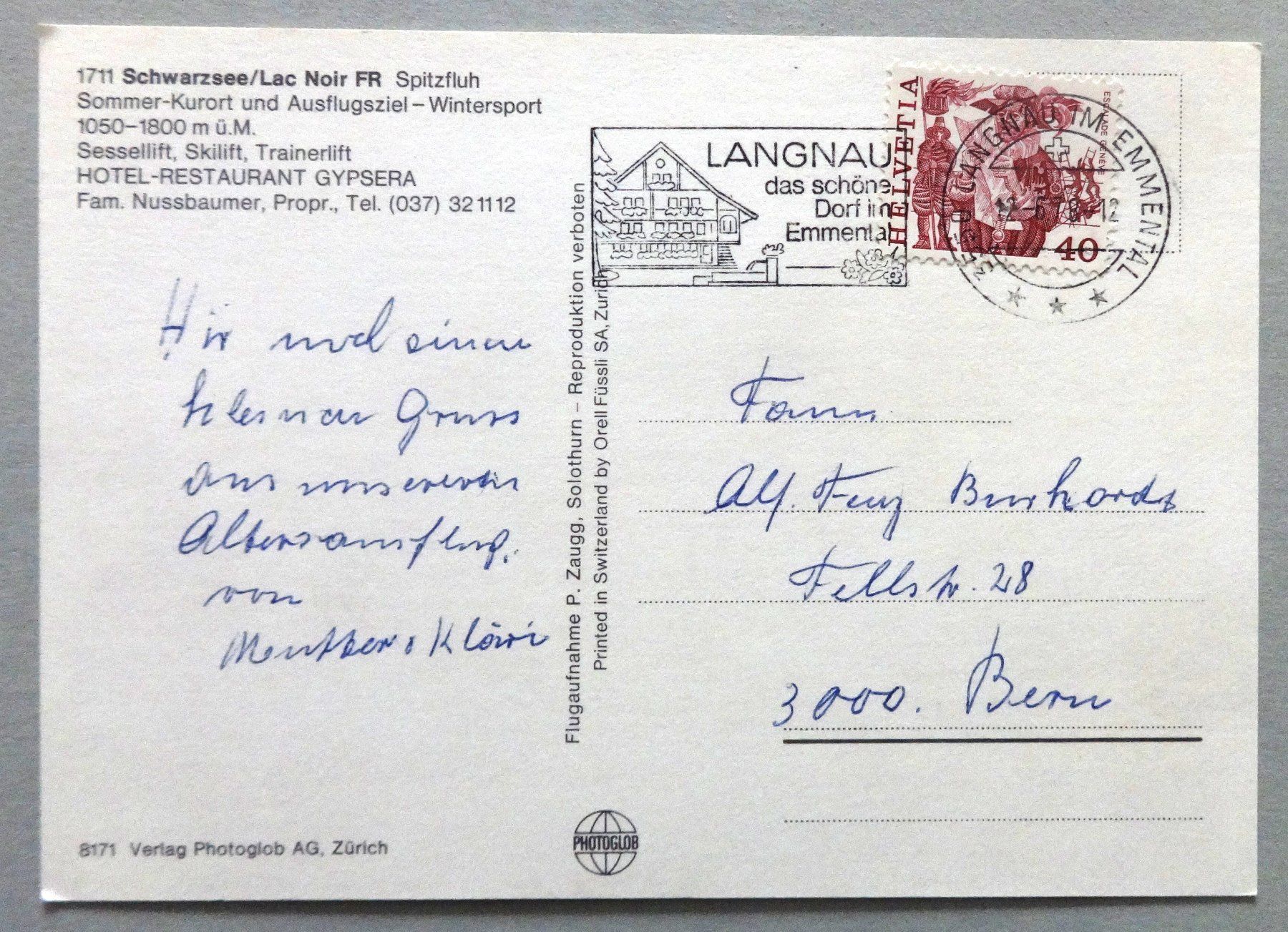 Cartoline postali: Schwarzsee / Lac Noir, Spitzfluh – Usato da Fétigny venduto da Billy2miny 1