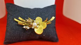 Vintage Goldbrosche mit Perle und Strass, sehr elegant!