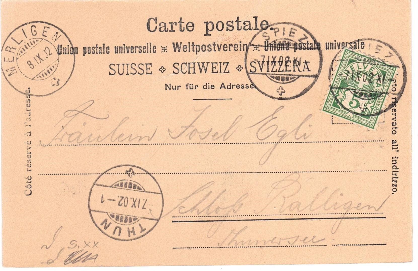 Cartoline postali: 1902 Spiez – Usato da Kreuzlingen venduto da Koi4 1