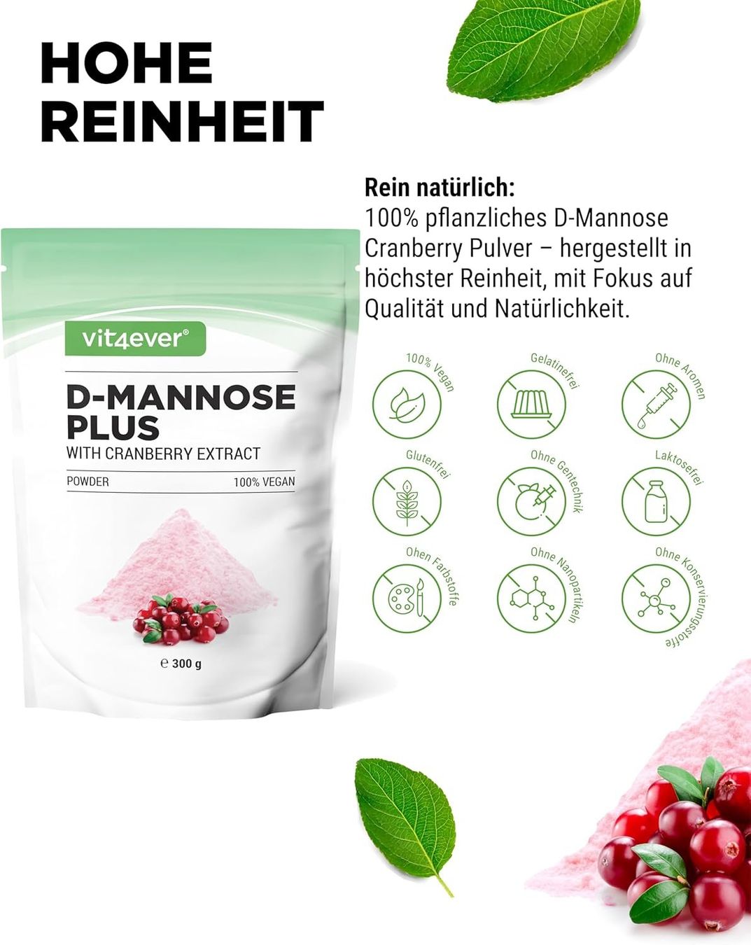 Cibi & Specialità: Vit4ever D-Mannose Cranberry Pulver 300g – Nuovo e nell'imballaggio originale da Suhr venduto da SchnapperCH 2