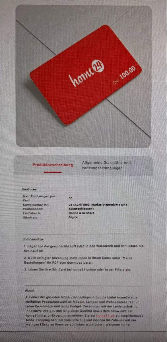 Buoni: Home24 Gutschein CHF 100.00 neu – Nuovo (secondo la descrizione) da Riken AG venduto da ClaudiaChristina 1
