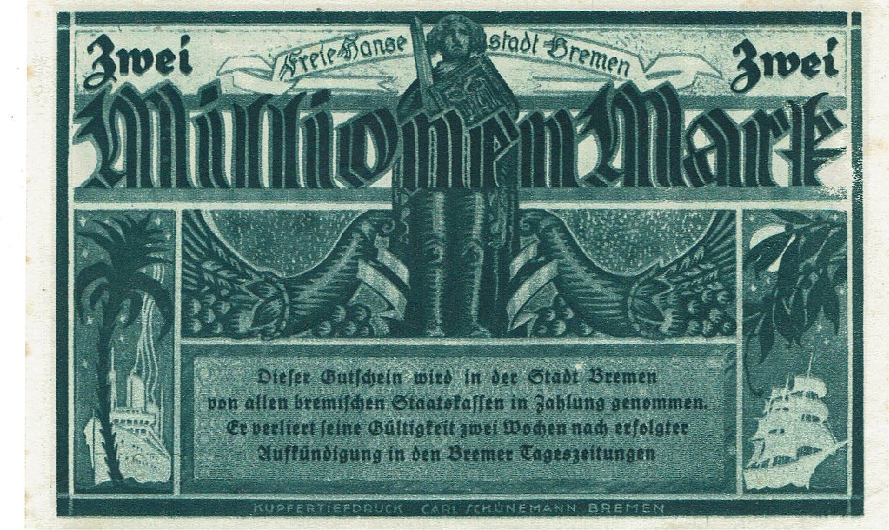 Banconote: Bremen 2 Mil.Mark 17.08.1923 VZ-VZ+ – Usato da Steffisburg venduto da ber_8htf