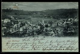 Mondschein-AK Huttwyl, Ortsansicht mit Kirche und Landschaft