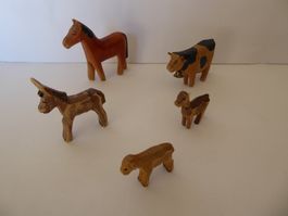 5 Fuchs Holztiere Pferd, Kuh, Esel, Ziege, Schaf