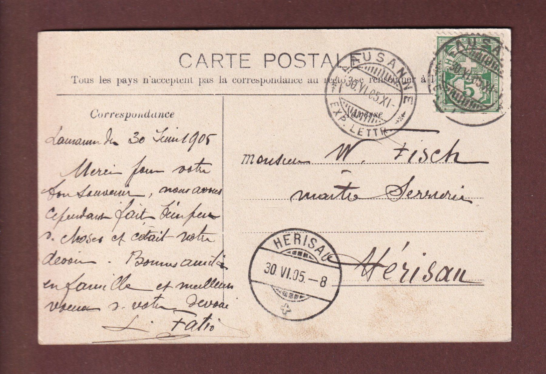 Ansichtskarten: LAUSANNE et les Alpes - 1905 – Gebraucht aus Pully von nicecards 1