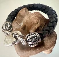 Massives Silber-Lederarmband – Herz, Krone, Kreuz & Lilien
