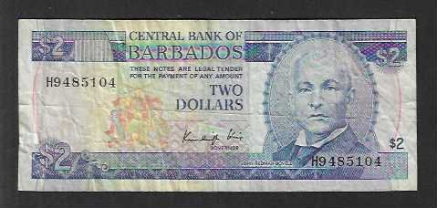 Banconote: Barbados  2  Dollars  Gebraucht – Usato da Gordola venduto da coinsandnotes