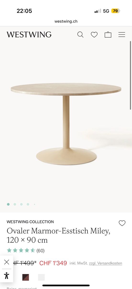 Tables: Westwing Miley Esstisch oval Marmor – D'occasion à Dietlikon par f.a.1975 2
