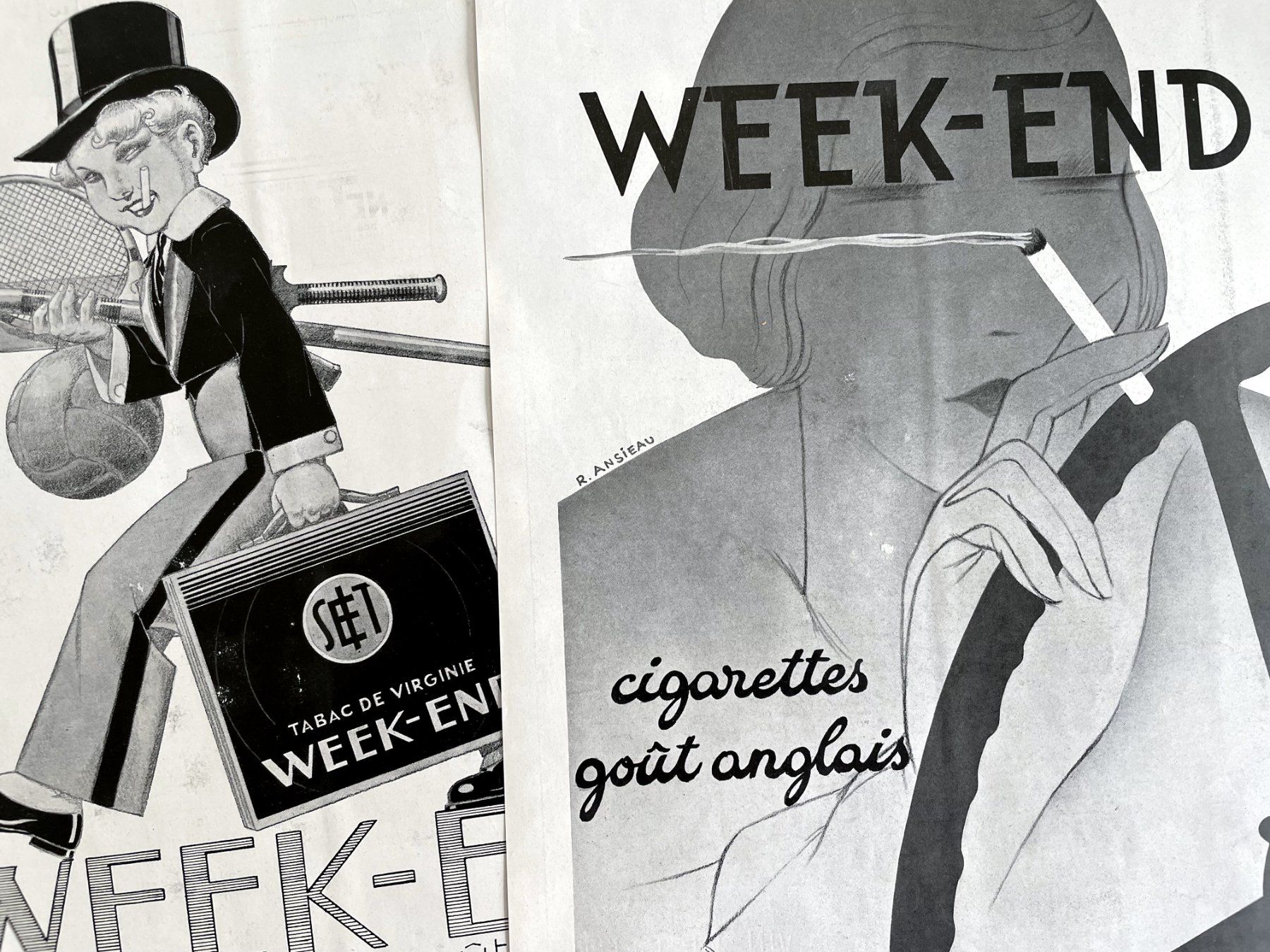 Grafica & Litografie: Week-End Cigarettes - 2 alte Werbungen 1933/35 – Usato da Savagnier venduto da Ne2065