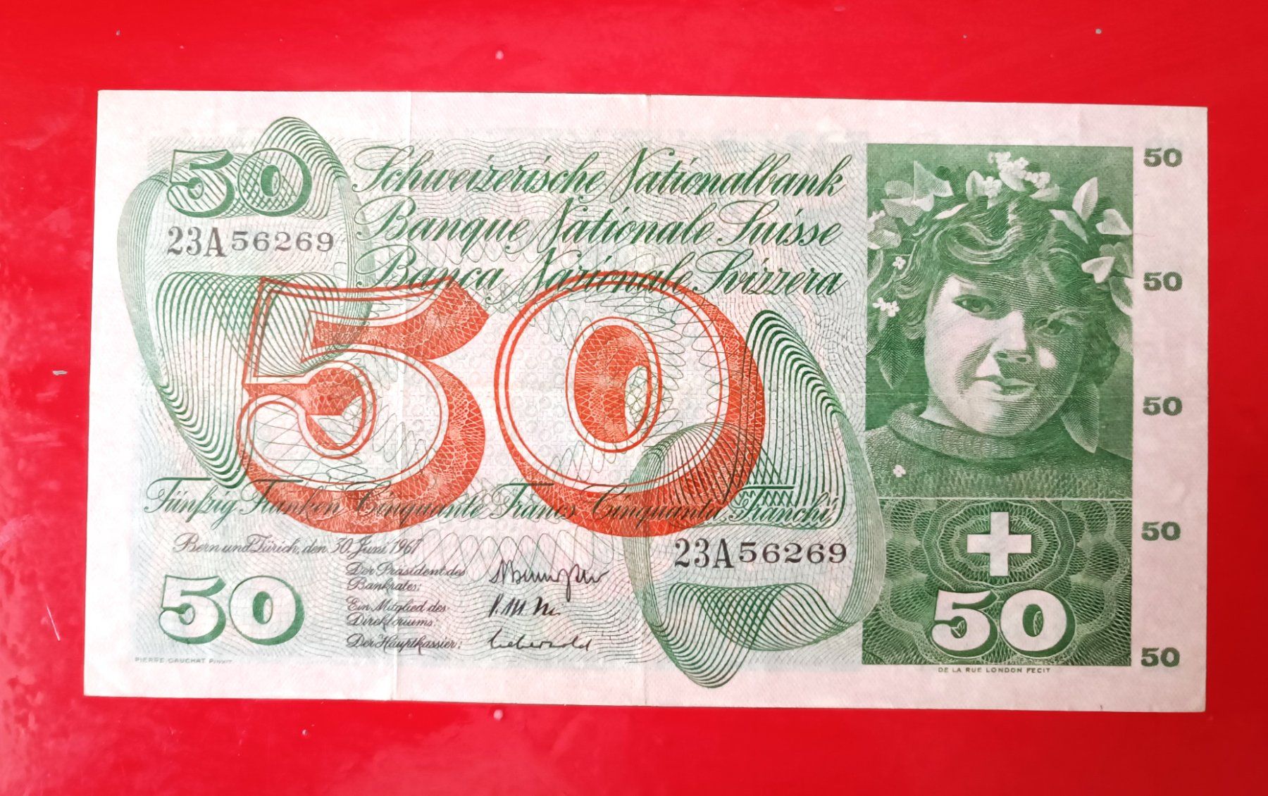 Banconote: Alte Schweizer NOTE 50 FR Typ Apfelernte 30 Juni 1967 Bern – Usato da Glis venduto da MYS-Wallis2020 2