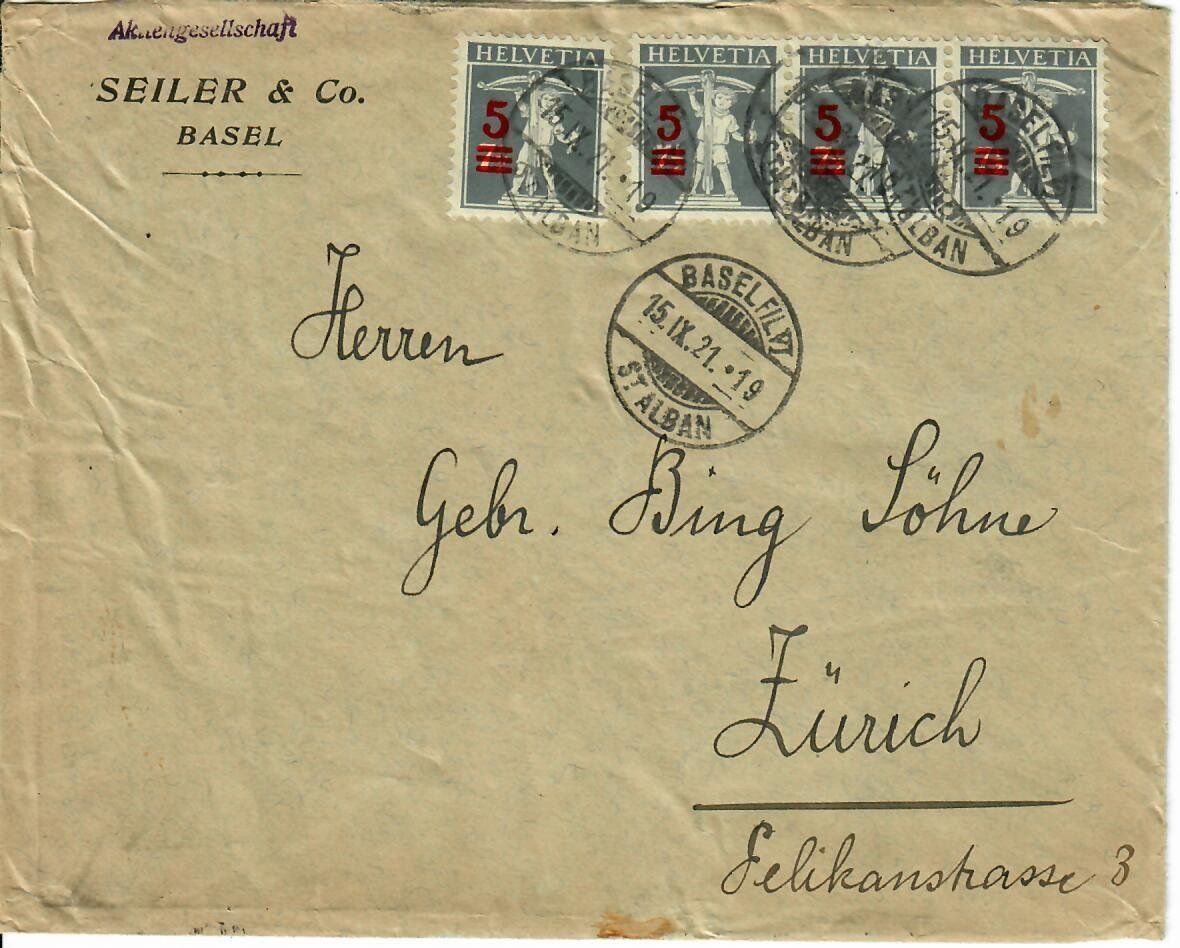 Tutti i francobolli: Brief Seiler Basel 1921 - 4x Tellknabe – Usato da Hochdorf venduto da Ziegel-16