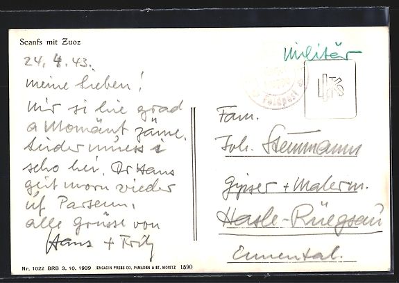 Cartoline postali: Scanfs, Ortsansicht mit Zuoz und Bergpan – Usato da Berlin venduto da bartko-reher 1