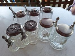 7 STK GLASBIERKRÜGE MIT ZINNDECKEL